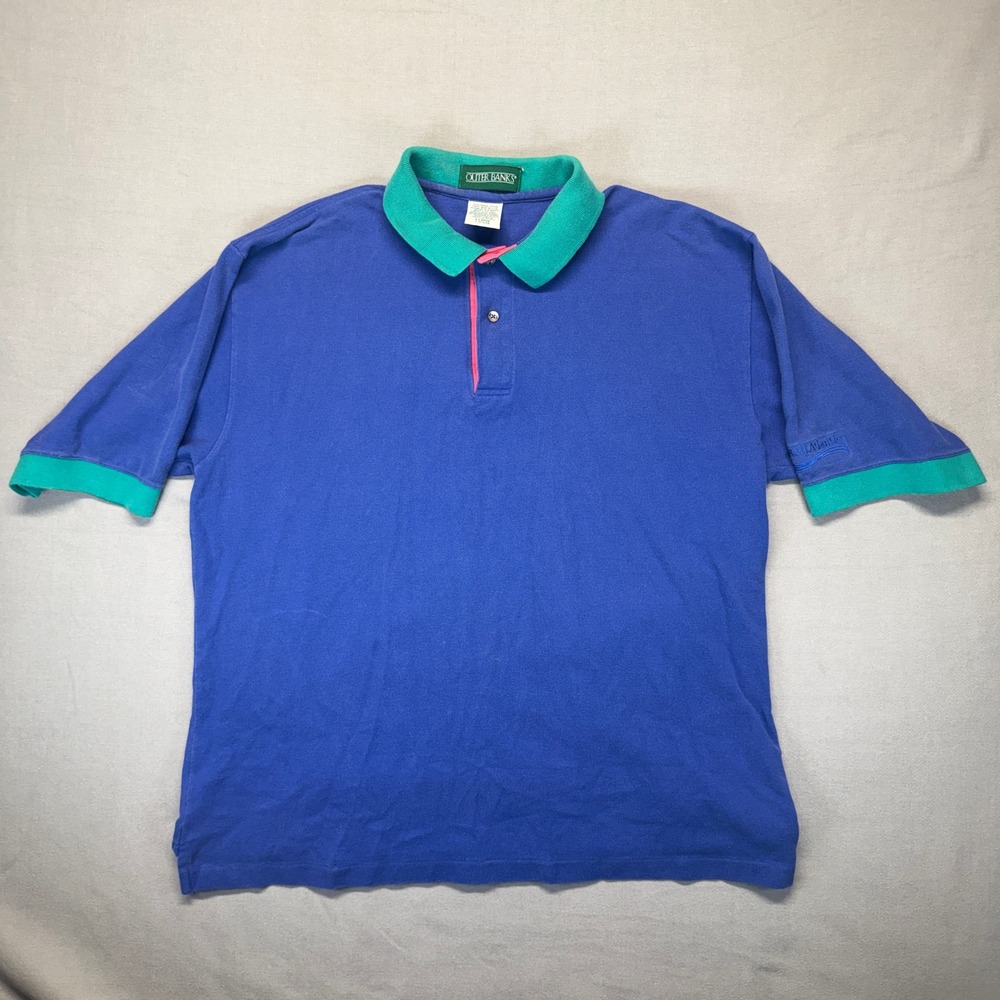 Vintage Y2K Outer Banks Polo Shirt Mens XL Blue Colorblock Teal Pink Cotton Tee